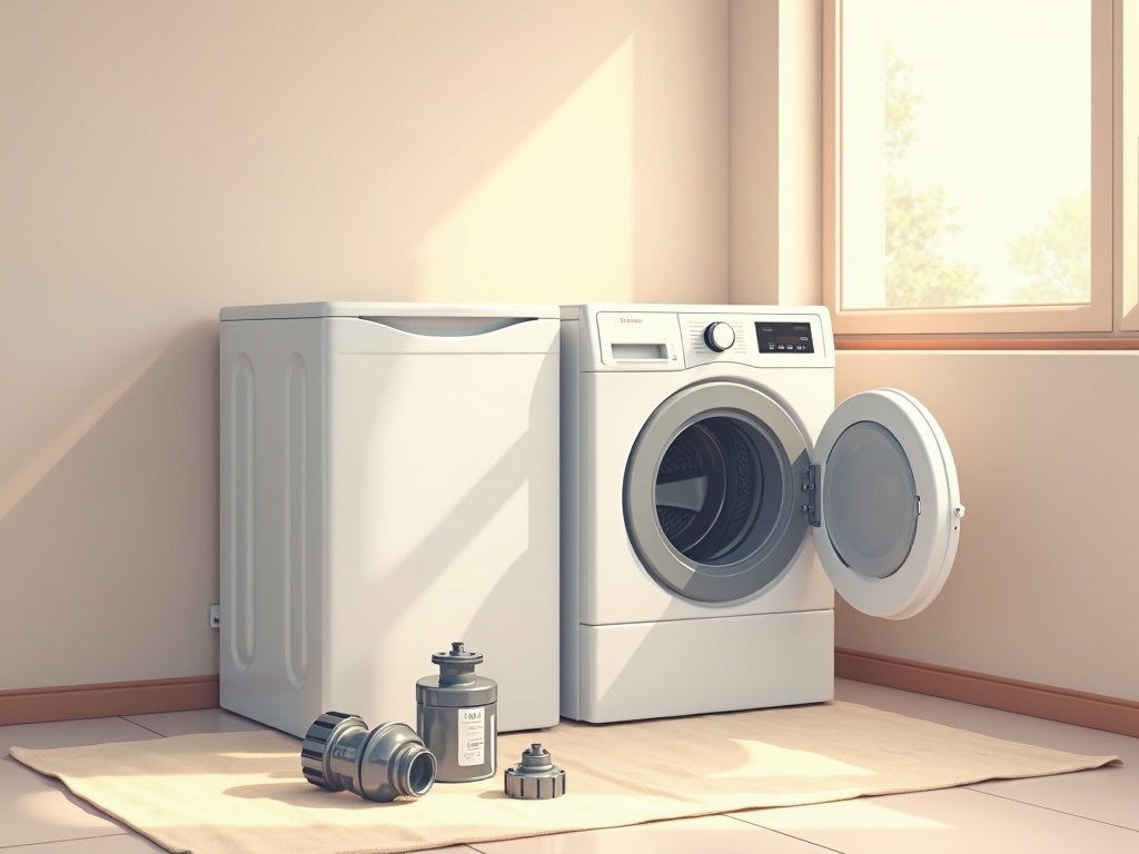 Washing Machine Repair Internal components of a washing machine laid out during a professional washing machine repair diagnosis in a suburban home laundry room.