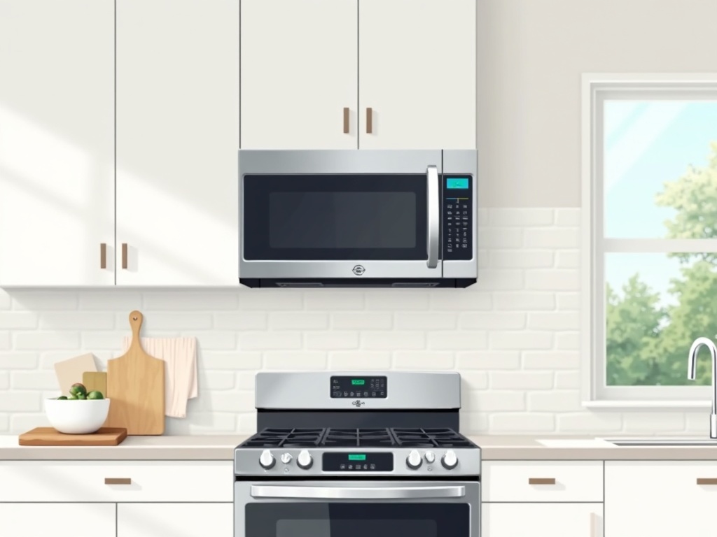 Microwave Repair A stainless steel over-the-range microwave mounted above a matching gas range in a bright modern kitchen with white cabinets and subway tile backsplash.