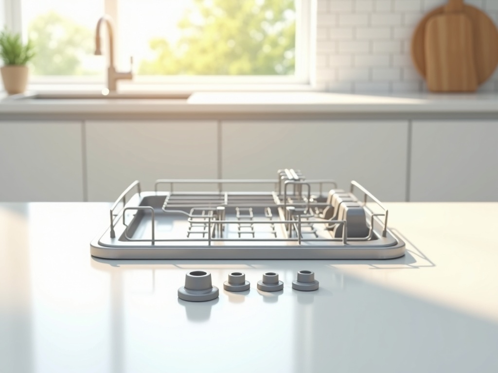 Removed dishwasher lower rack on a kitchen counter next to replacement rollers — a common fix for dishwasher lower rack falling off track