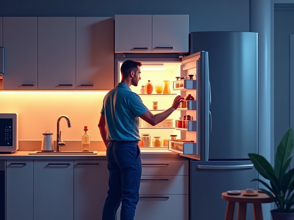 An appliance repair technician inspecting a residential refrigerator at night for signs of refrigerator making popping noise at night in a modern kitchen