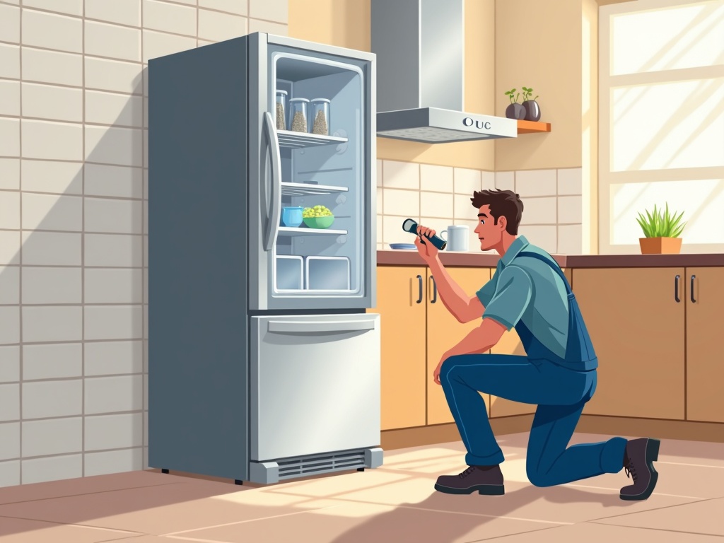 An appliance repair technician inspecting a residential refrigerator at night for signs of refrigerator making popping noise at night in a modern kitchen