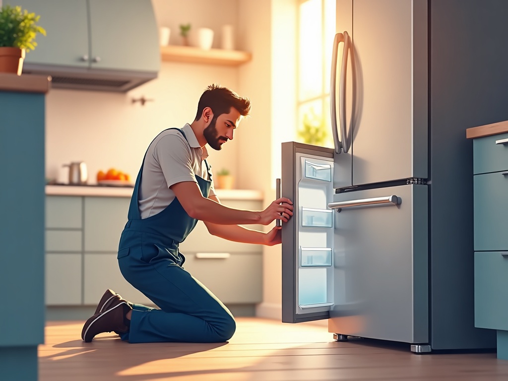 A technician inspecting a refrigerator door gasket seal — a key step in diagnosing how to tell if refrigerator door seal is bad