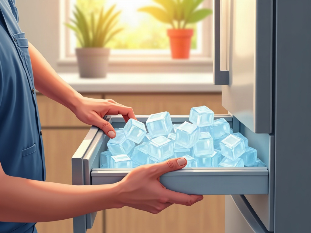 A refrigerator not making ice with an empty ice bin visible inside a clean home freezer drawer