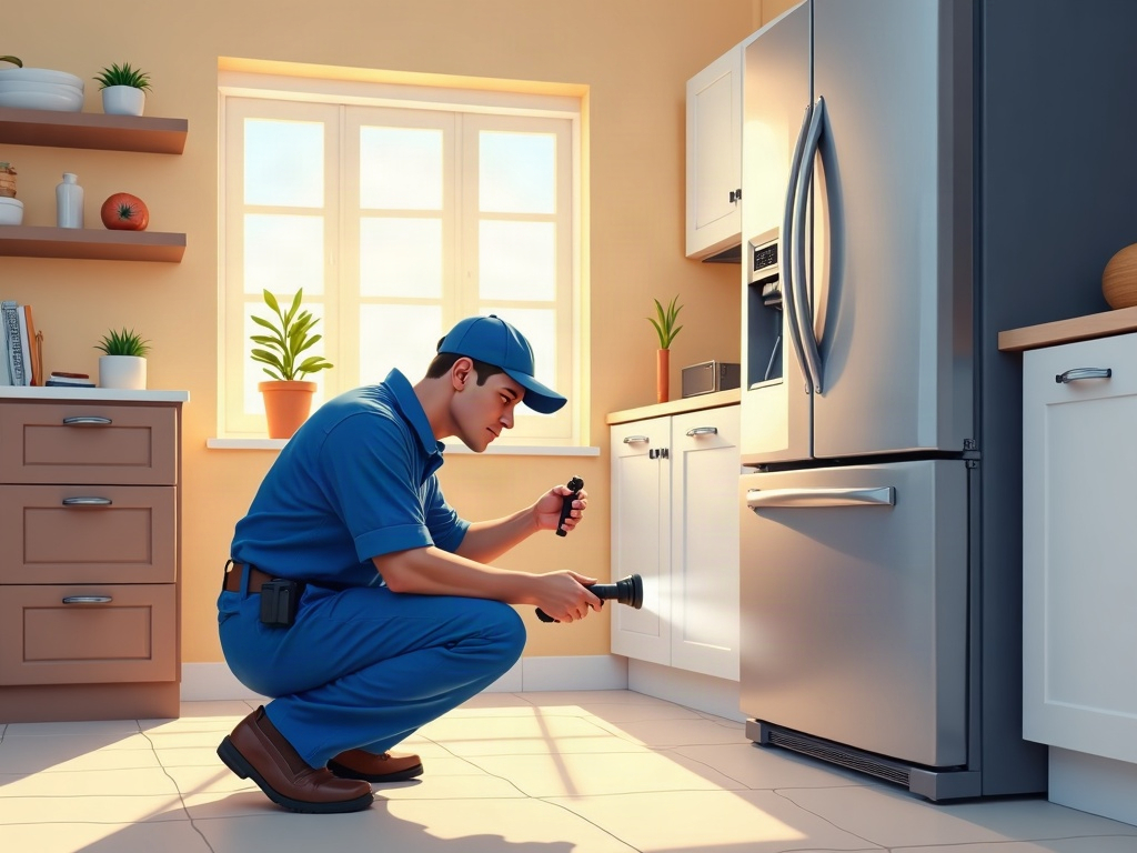 A refrigerator repair technician inspecting refrigerator coils dirty symptoms on a stainless steel refrigerator in a bright Phoenix kitchen