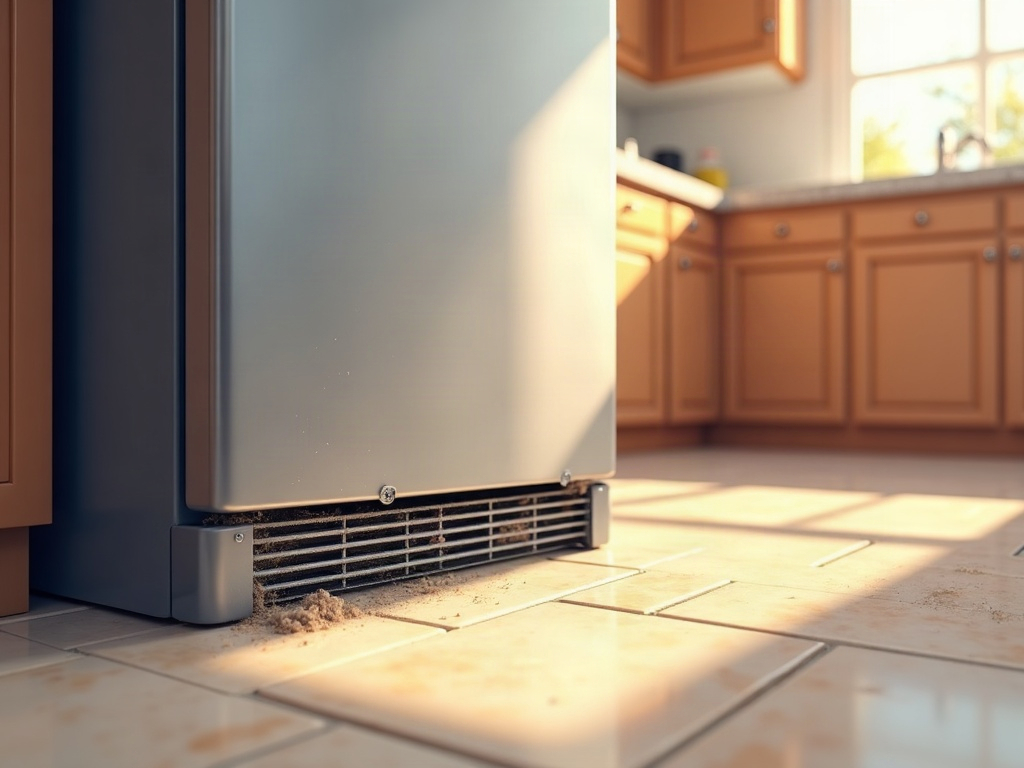 A refrigerator repair technician inspecting refrigerator coils dirty symptoms on a stainless steel refrigerator in a bright Phoenix kitchen