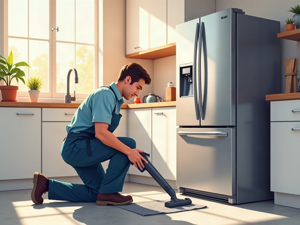 A refrigerator repair technician inspecting refrigerator coils dirty symptoms on a stainless steel refrigerator in a bright Phoenix kitchen