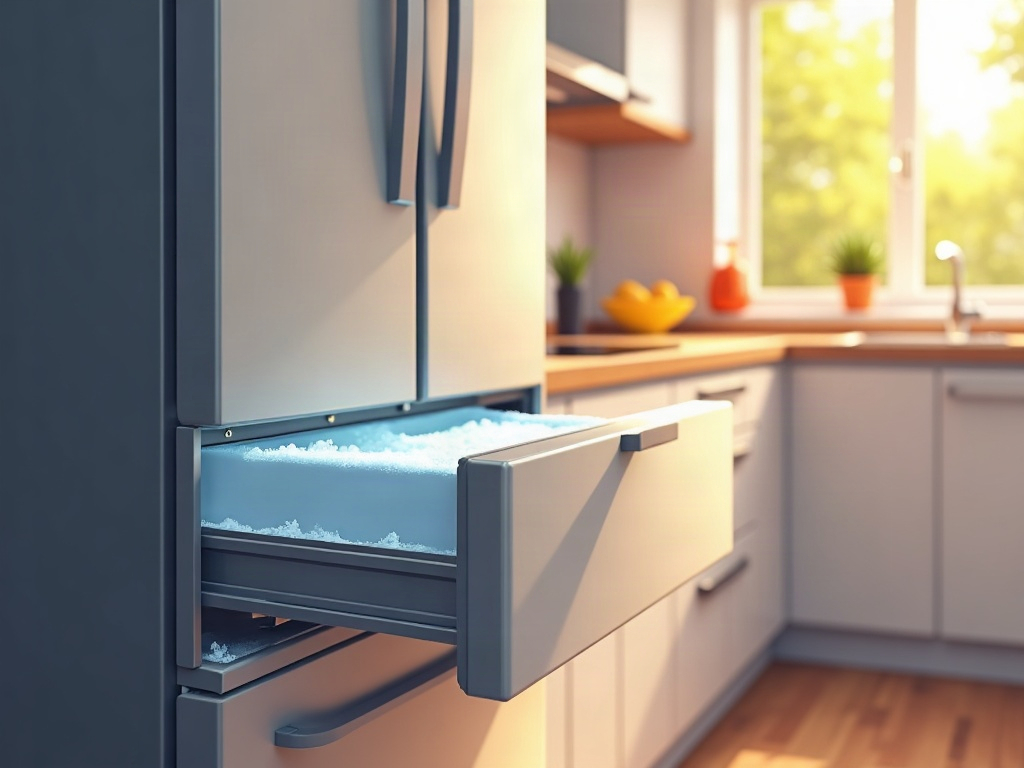 Frost buildup along the rails of a bottom freezer drawer hard to open, photographed in a bright modern kitchen with stainless appliances