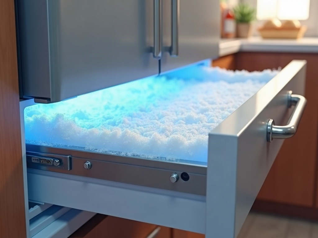 Bottom Freezer Drawer Getting Harder to Open? Don't Ignore This Frost buildup along the rails of a bottom freezer drawer hard to open, photographed in a bright modern kitchen with stainless appliances